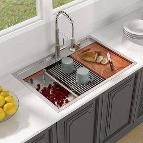 33 Inch Single Bowl Top Mount Drop In Stainless Steel Workstation Kitchen Sink With Bottom Grid and Basket Drain and Roll-Up Drying Rack and Colander