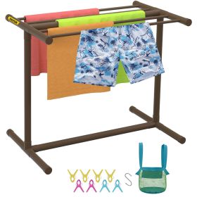 VEVOR Pool Towel Rack, 5 Bar, Brown, Freestanding Outdoor PVC T-Shape Poolside Storage Organizer, Include 8 Towel Clips, Mesh Bag, Hook