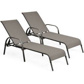 2 Pieces Outdoor Patio Lounge Chair Chaise Fabric with Adjustable Reclining Armrest (Color: brown)